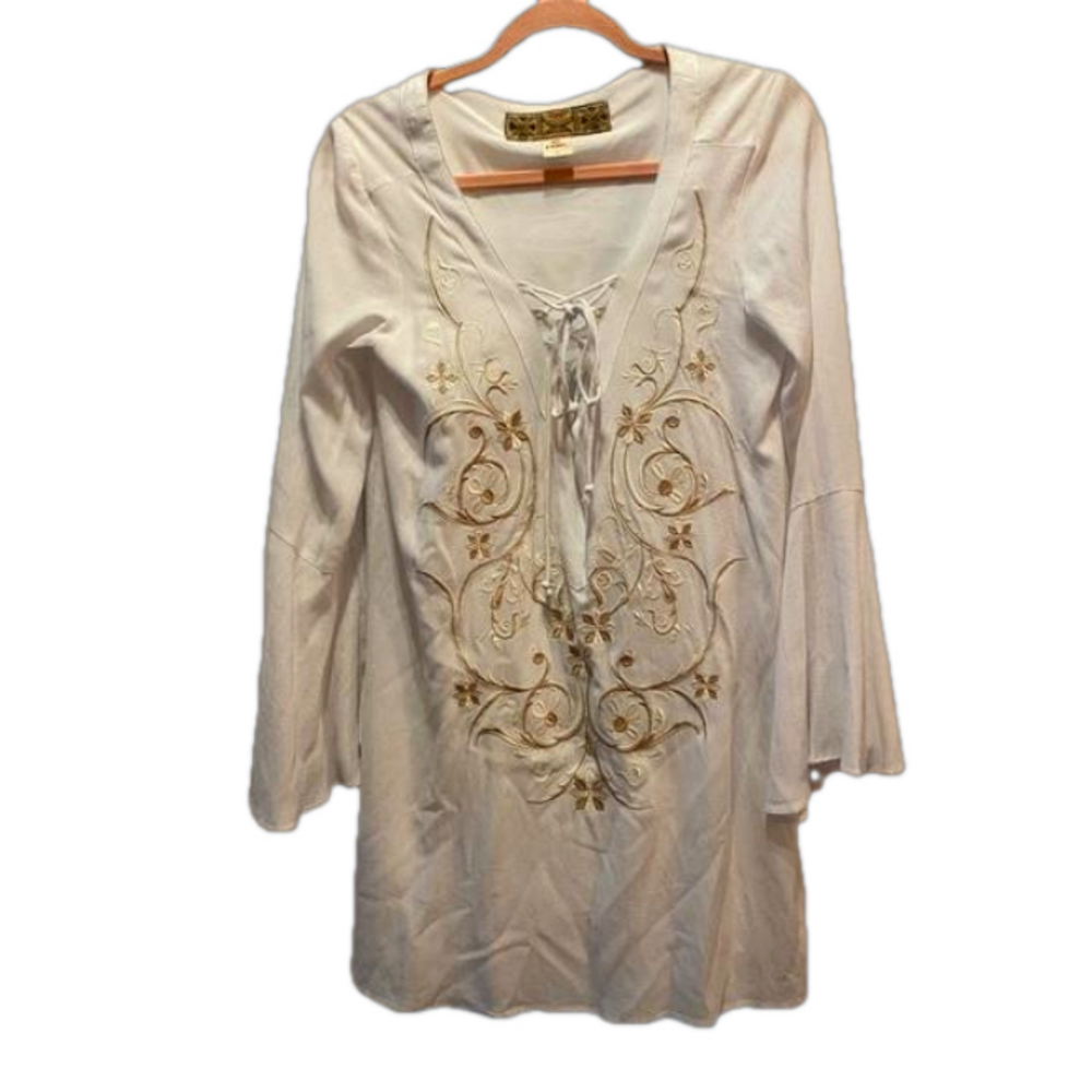 Embroidered Bell Sleeve Beach Cover Up - Small